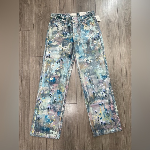 Free People Tennessee Low Rise Illusion Jeans Floral Canvas Paint Splatter Sz 26 - Picture 2 of 10